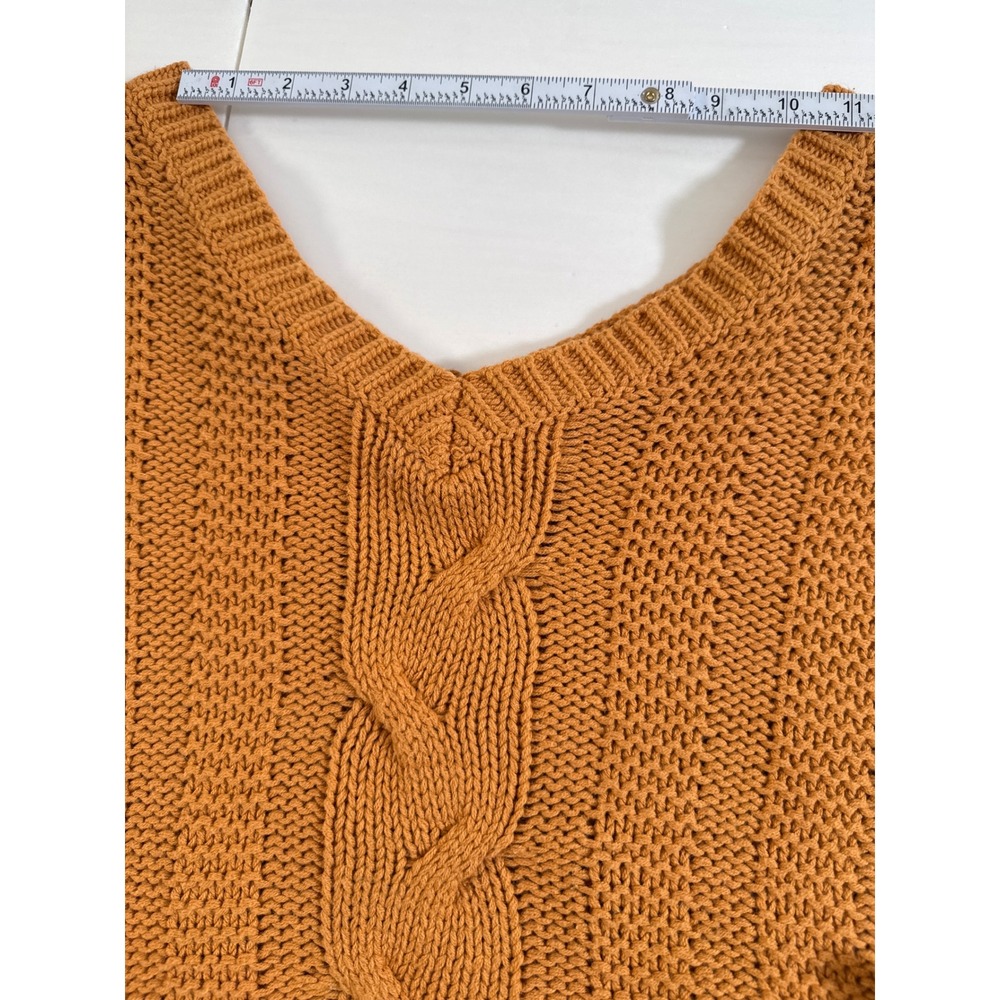 Mustard Orange Chunky Cable Knit V-Neck Oversized Sweater Womens‎ Relaxed Fit - Picture 10 of 12